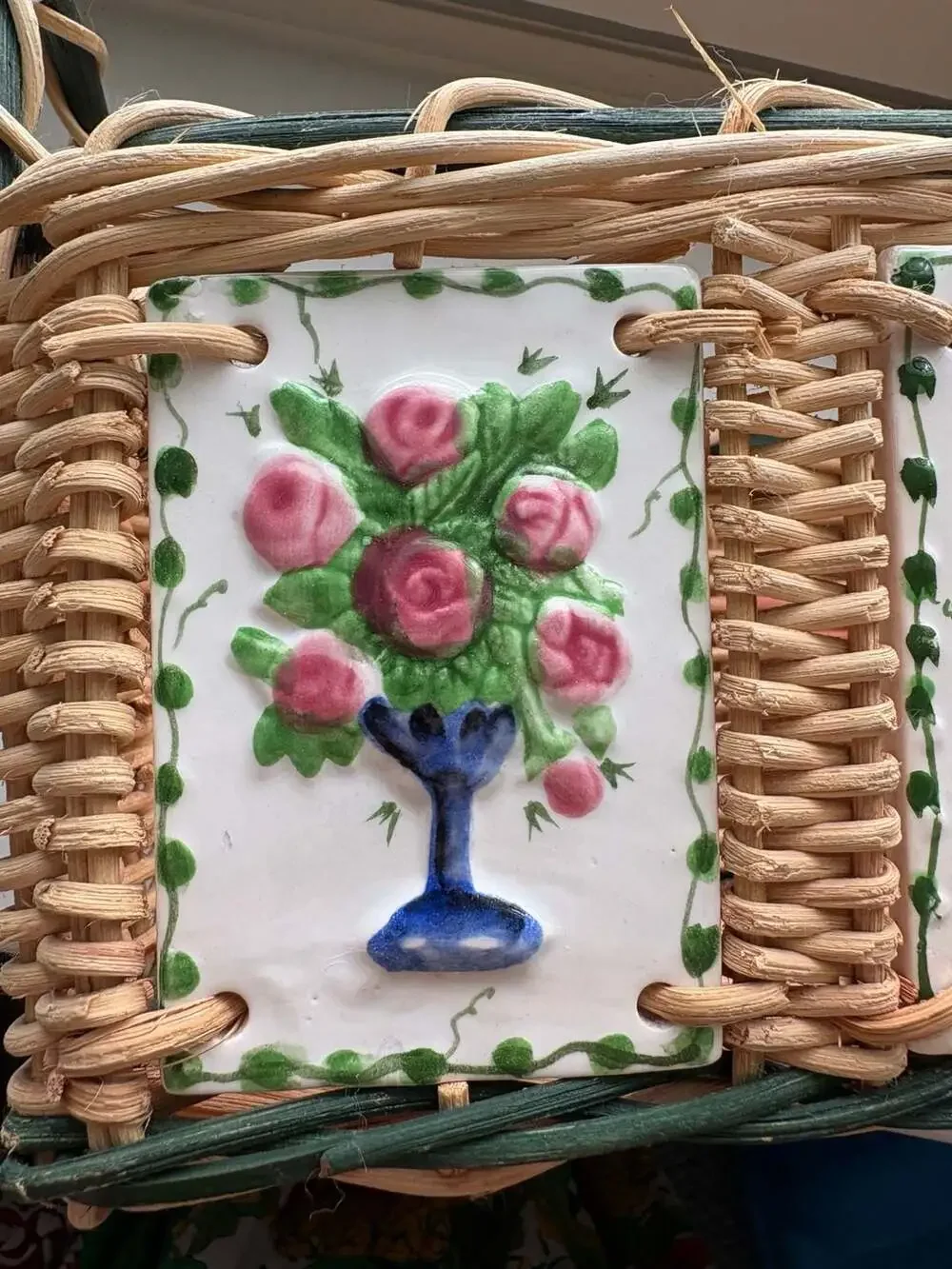 Vintage Woven Wicker Basket with Hand-Painted Floral Ceramic Tiles